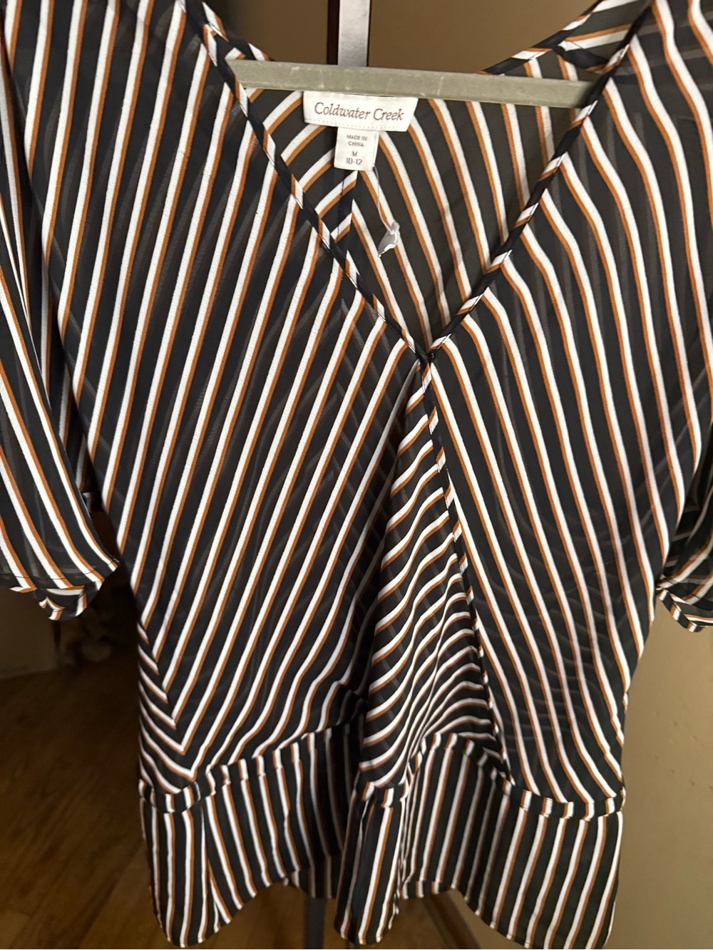 Coldwater Creek Black Striped V-Neck Ruffle Hem Blouse